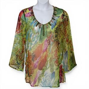 Nouveau Embellished Sheer Tunic Top Boho Beach Resort Cover Up Abstract Size M